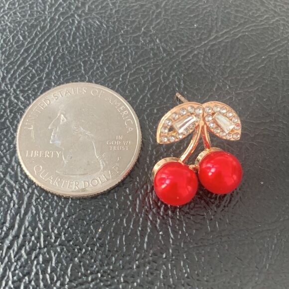 Sweet Red Cherry Earrings Summer Fruit Salad Crystal Cubic Zirconia Drop NEW - Picture 7 of 9